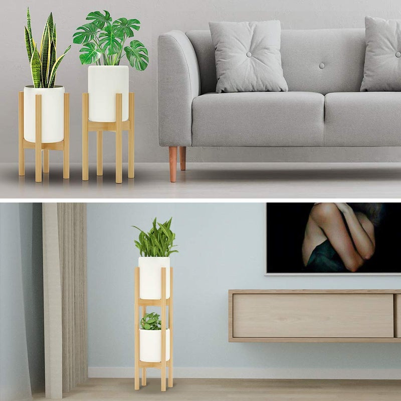 MUDEELA 2 Pack Indoor Plant Stands, 2 Tier Tall Plant Stand 30 inches, Mid Century Bamboo Plant Stand, Adjustable Width 8 - 12 inches, Fits Pot Size of 8 9 10 11 12 inches Pot & Plant Not Included, Natural - Image 4